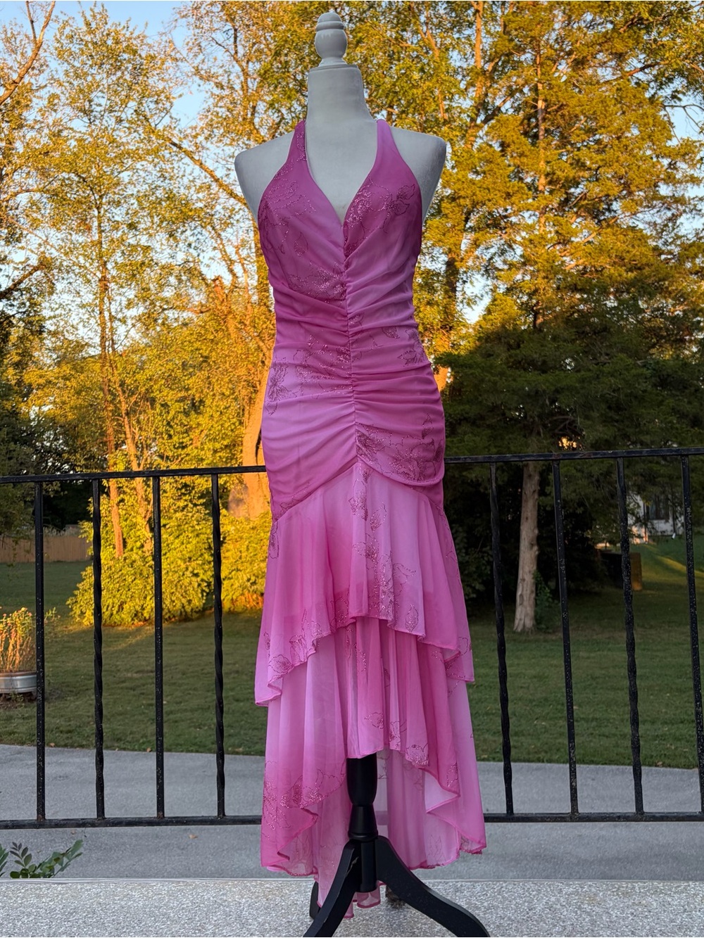 Vintage Y2K Pink Fairy Dress Glitter Halter Neck Party Prom Size Small Stretch